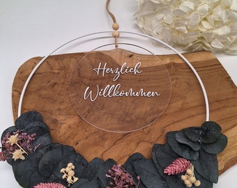 Flower hoop, loop, door wreath with dried flowers, personalized