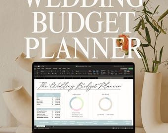 May include: A laptop computer displaying a spreadsheet titled "The Wedding Budget Planner". The spreadsheet includes sections for "The Guest List", "The Budget", and "The Plan". The spreadsheet also includes a pie chart showing the budget breakdown.