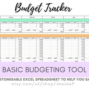 Puede incluir: Una hoja de cálculo de seguimiento de presupuesto imprimible con un esquema de color verde y naranja. La hoja de cálculo está dividida en secciones para ingresos, gastos esenciales y efectivo adicional o gastos excesivos. La hoja de cálculo incluye columnas para gastos estimados y reales para cada mes del año, de enero a mayo. El texto "BASIC BUDGETING TOOL" se muestra en un cuadro morado en la parte inferior de la hoja de cálculo. El texto "CUSTOMISABLE EXCEL SPREADSHEET TO HELP YOU SAVE" se muestra debajo del cuadro morado. El texto "etsy.com/uk/shop/JeeJeeP" se muestra debajo de la segunda línea de texto.