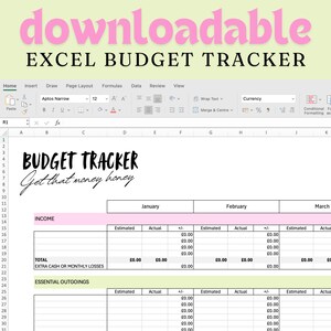 Puede incluir: Una plantilla de hoja de cálculo para realizar un seguimiento de un presupuesto. La hoja de cálculo se titula "BUDGET TRACKER Get that money honey" y está dividida en tres secciones: Ingresos, Total y Gastos esenciales. Cada sección tiene columnas para Estimado, Real y +/- para los meses de enero, febrero y marzo.