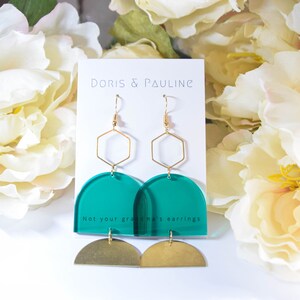 The “Beatrice” | Earrings | Acrylic | Brass | Silver | Statement | Geometric | Drop | Dangle | Green | Gift for Her | Massachusetts