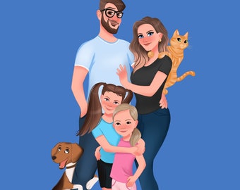Custom Family Portrait With Pets, Custom Couple Portrait, Couple Illustration, Owner And Pet Portrait, Valentines gift Idea