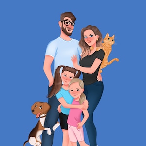 Custom Family Portrait With Pets, Custom Couple Portrait, Couple Illustration, Owner And Pet Portrait, Valentines gift Idea