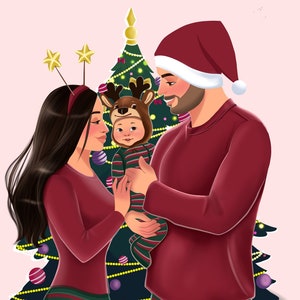 Retrato familiar de Navidad, retrato de dibujos animados personalizado, retrato de foto, ilustración de pareja, pareja de estilo de dibujos animados, tarjeta navideña