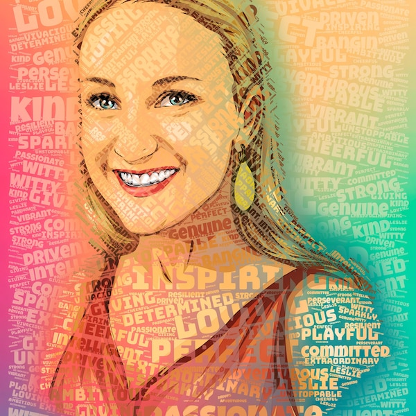 Individual Digital portrait from photo for girlfriend, wife, sister, yourself,  Custom Word cloud portrait for picture.