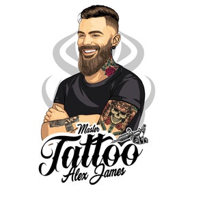 Logotipo de maestro tatuador con retrato, regalo para tatuador, retrato personalizado de una persona, avatar personalizado para su negocio