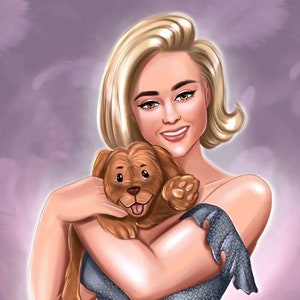 Pet with owner portrait, pet owner portrait, custom pet portrait and owner, digital cartoon portrait.