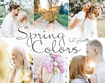 May include: A collection of Lightroom presets called "Spring Colors" featuring couples in a variety of settings, including a field of flowers, a forest, and a sunny meadow.