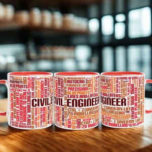 May include: Three white ceramic mugs with red interiors and handles are displayed on a wooden surface. Each mug features the words "CIVIL ENGINEER" in a bold font, surrounded by a collage of engineering terms in various colors.