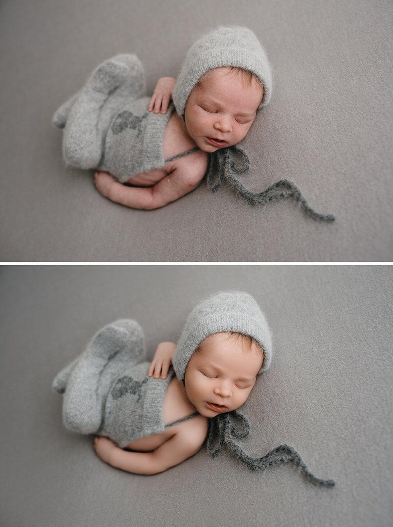 Op de afbeelding: Een pasgeboren baby draagt ​​een grijze gebreide muts en een bijpassende outfit en slaapt op een grijze achtergrond.