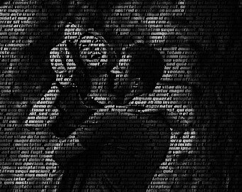May include: A monochrome image of a person with raised hands, formed from overlaid text. The text creates a textured effect, with the figure's form emerging from the words.