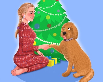 Custom Christmas Family & Pet Portrait Illustration (Digital File)