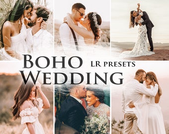 May include: A set of Lightroom presets for wedding photographers, called "Boho Wedding LR Presets". The presets are designed to give photos a warm, romantic, and bohemian feel. The image shows several couples in different poses, all with a similar colour palette and style.
