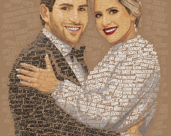 May include: A word art portrait of a couple, with their faces made up of words related to Chicago, Illinois. The words are in a brown colour and the background is a light brown.
