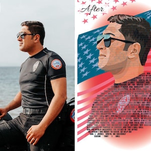 Custom Police Text Art Portrait, Police Portrait, Portrait from your Photo, Police Officer Gift, Police Patriotic USA Police Officer Flag