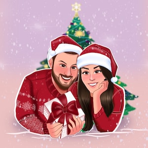 Retrato de casal de Natal, retrato de desenho animado personalizado, ilustração de retrato de família personalizada, caricatura de casal, cartão de férias, ideia de presente de Natal
