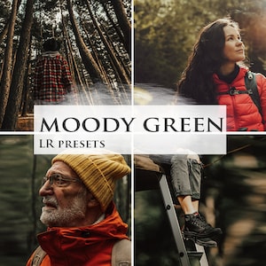 May include: A collage of four images showcasing a moody green color palette. The images feature a person wearing a red jacket in a forest, a person wearing a yellow beanie and orange jacket in a forest, a person wearing jeans and a red jacket sitting on a ladder, and a blurred image of a forest.