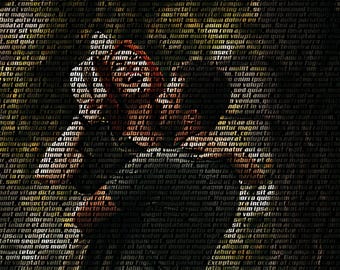 May include: A portrait created from text, depicting a person with red hair. The words are arranged to form the face and upper body, with the text varying in size and density, creating a textured effect.