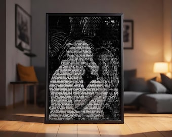 May include: A black framed art print showing a grayscale image of two people embracing, created from text. The artwork is displayed in a room with a neutral colour scheme, with a wooden floor and a beige rug.