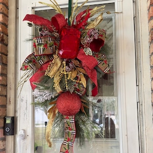 Christmas Teardrop Swag: Holiday Door Wreath with Red Gem