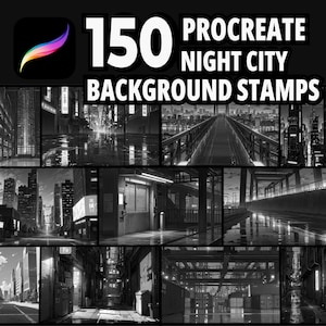 150 Procreate Night City-bakgrundsstämplar, futuristiska nattstadsbilder, stämplar för Sci-Fi-stadsscener, neongatukonst för Procreate