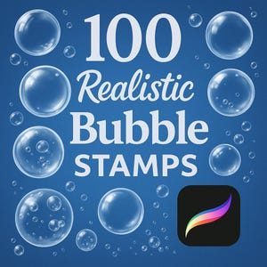 Może przedstawiać: 100 realistycznych stempli z bąbelkami do Procreate. Niebieskie tło z tęczowym logo Procreate i wiele przezroczystych bąbelków w różnych rozmiarach.