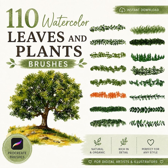 110 Watercolor Leaves and Plants Procreate Brushes, Nature Procreate, Watercolor Brushes, Plants Watercolor, Leaves Procreate ,Foliage Ipad