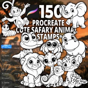 Tampons animaux de safari Procreate représentant des bébés lions, des éléphants, des girafes, des singes et des animaux de la jungle