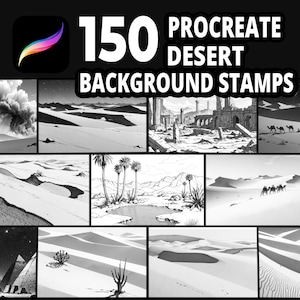 150 Procreate Desert Background Stamps for Illustrations with Sand Dunes, Ruins, Camels, and Scenic Arid Landscapes