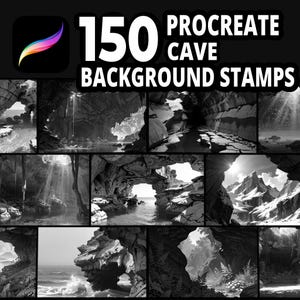May include: A digital art product featuring 150 Procreate cave background stamps. The image showcases a variety of grayscale cave illustrations, including scenes with water, sunlight, and mountain views. The Procreate app logo is visible in the upper left corner.