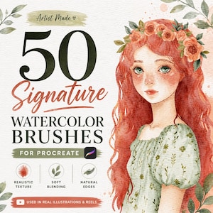 Peut inclure: Illustration numérique présentant une femme aux cheveux roux et une couronne de fleurs. L'image promeut 50 pinceaux aquarelle Signature pour Procreate, avec des textures réalistes, un mélange doux et des bords naturels.