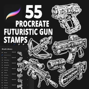 Puede incluir: Ilustración en blanco y negro de 55 sellos de armas futuristas para Procreate. La imagen presenta varios diseños de armas, incluyendo una ballesta, rifles y un arma similar a una motosierra. El texto "55 Procreate Futuristic Gun Stamps" es prominente.