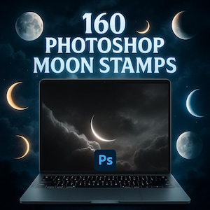 May include: A laptop displays a dark, cloudy sky with a crescent moon, surrounded by various moon phases. The text "160 PHOTOSHOP MOON STAMPS" is displayed above the laptop. The Photoshop logo is visible on the screen.