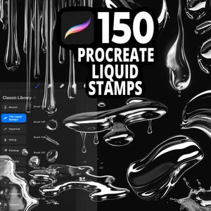 150 Procreate Flüssigkeiten Stempel für flüssige Effekte, glänzende Formen, tropfende Elemente, abstraktes Design, moderne Kunst und digitale Illustrationen