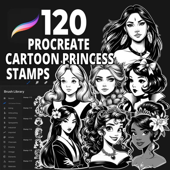 120 Procreate Cartoon Princess Head Stamps for Fairytale Art, Storybook Illustration and Character Design Projects