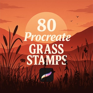 May include: A digital illustration of a sunset landscape with tall grass and a sun in the background. The text "80 Procreate GRASS STAMPS" is in the center of the image. The Procreate app icon is in the bottom center of the image.