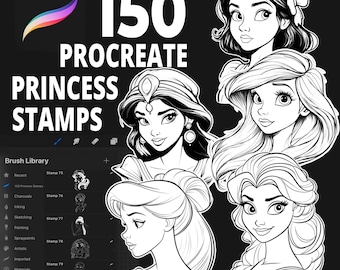 Op de afbeelding: Een set van 150 zwart-wit prinsessen stempels voor Procreate. De stempels bevatten verschillende Disney-prinsessen, waaronder Jasmine, Belle en Ariel.