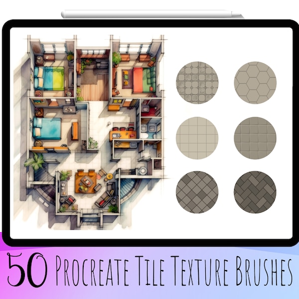 50 Procreate Tile Texture Brushes, Procreate Tile, Mosaic Brush, Digital Tile Brushes, Interior Design Procreate, Procreate Interior