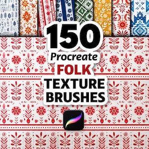 Puede incluir: Un producto de arte digital con 150 pinceles de textura folk para Procreate. La imagen muestra una variedad de patrones de arte popular coloridos y el icono de la aplicación Procreate. El texto dice "150 Procreate Folk Texture Brushes."
