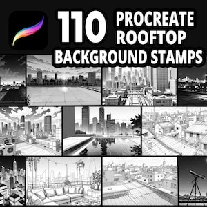 都市のスカイライン、都市景観、都市テラス、コミック風の屋上シーン、夕焼けの屋上シーンなどに最適な Procreate 屋上背景スタンプ 110 種類