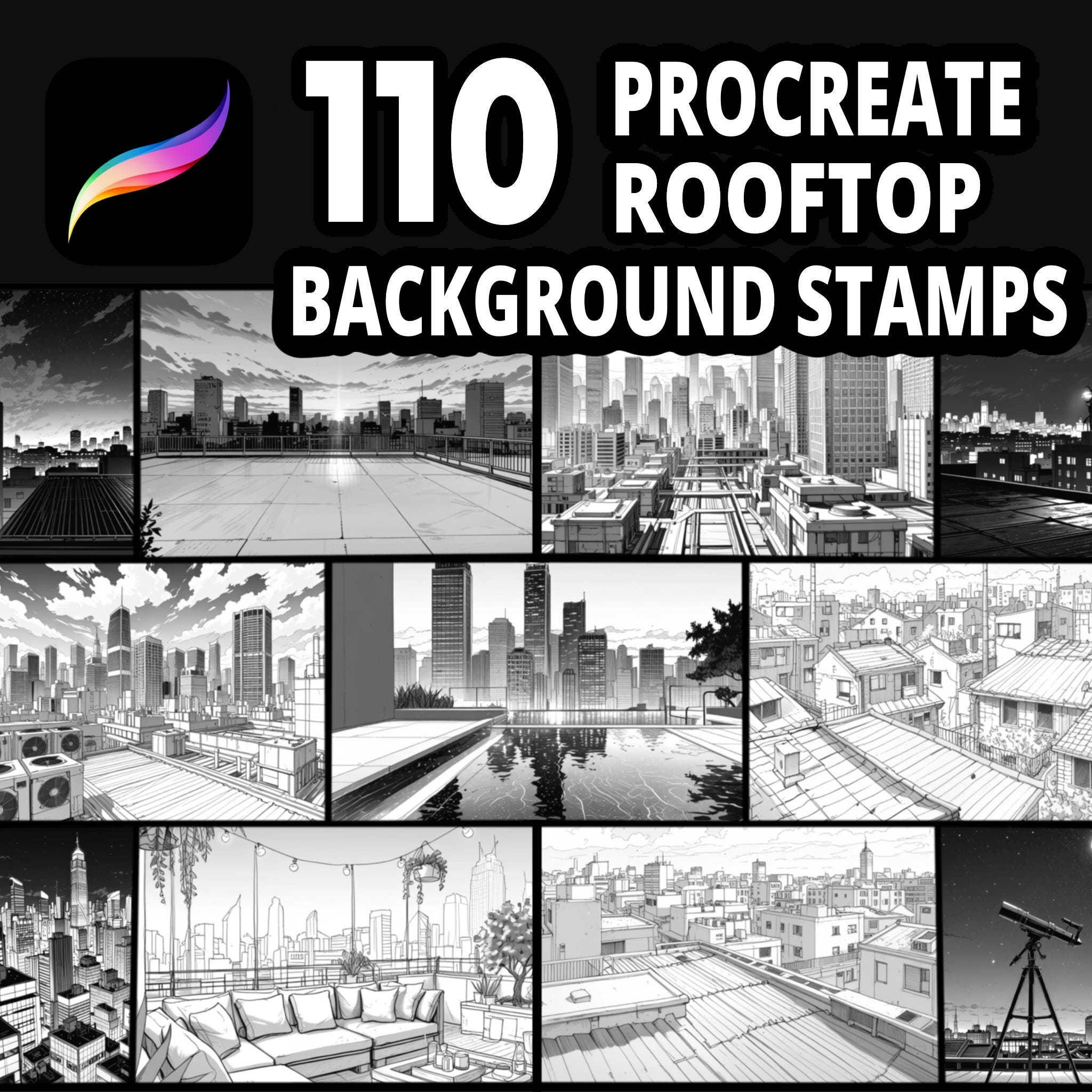 110 Procreate Rooftop Background Stamps for Urban Skylines, Cityscape ...