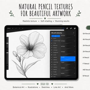 May include: Digital artwork on a tablet showcasing pencil textures for art. The image displays a detailed flower drawing and a brush library. Text reads "Natural Pencil Textures for Beautiful Artwork" and "Perfect for Stunning Details."
