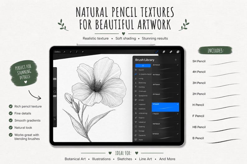 May include: Digital artwork on a tablet showcasing pencil textures for art. The image displays a detailed flower drawing and a brush library. Text reads "Natural Pencil Textures for Beautiful Artwork" and "Perfect for Stunning Details."