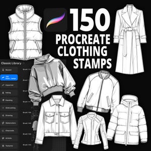 May include: Digital Procreate stamps with 150 clothing designs. The image displays illustrations of garments such as a puffer vest, hoodie, jacket, trench coat, and others. The text reads "150 Procreate Clothing Stamps."