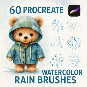 Op de afbeelding: 60 Procreate aquarel regenkwasten. Een schattige bruine teddybeer in een blauwe regenjas staat in een plas water. De afbeelding toont verschillende aquarel regenkwasteffecten.