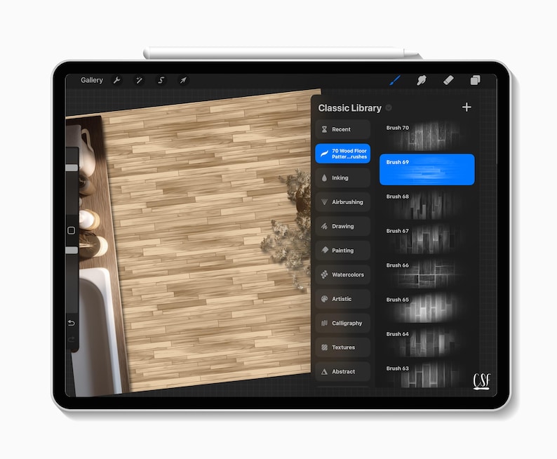 Puede incluir: Una pantalla de tableta digital que muestra la interfaz de una aplicaci&oacute;n de dibujo con el men&uacute; Classic Library abierto. El men&uacute; enumera varias categor&iacute;as de pinceles y pinceles de patr&oacute;n de suelo de madera. Se ve una textura de suelo de madera clara.