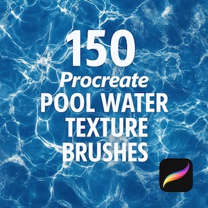May include: A blue and white image of rippling water with the text "150 Procreate POOL WATER TEXTURE BRUSHES" and a Procreate app icon in the bottom right corner.