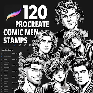120 sellos de Procreate de hombres de cómic para retratos de arte pop, estilo cómic retro, novelas gráficas e ilustración de personajes, retratos de cómic retro.