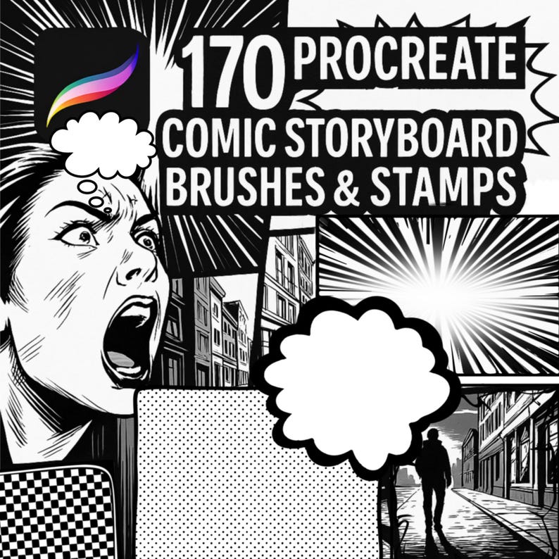 May include: Black and white comic book style illustration of a woman with a speech bubble. The text "170 Procreate Comic Storyboard Brushes & Stamps" is in the image.