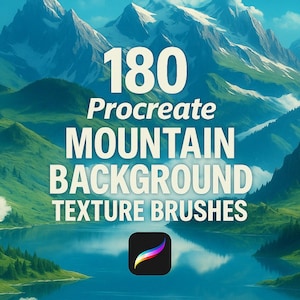 May include: 180 Procreate Mountain Background Texture Brushes. A digital illustration of a mountain range with a lake in the foreground. The Procreate logo is in the lower right corner.